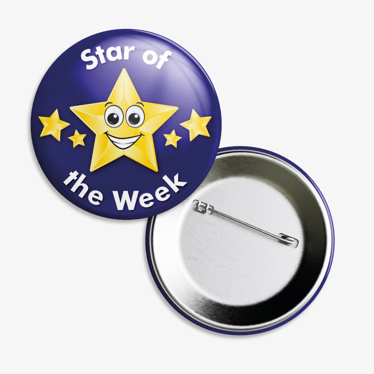 A 38mm circular badge with a dark blue background, featuring a large central yellow star with a smiling face, flanked by two smaller yellow stars, and the white text 'Star of the Week' curved above and below the central star