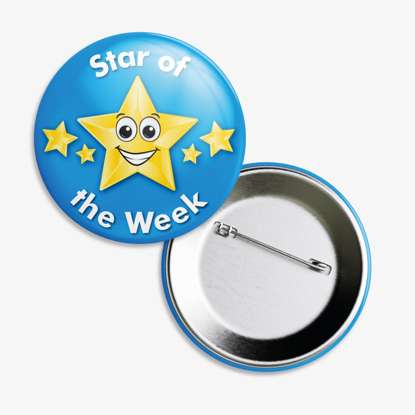 A 38mm circular badge with a cyan background, featuring a large central yellow star with a smiling face, flanked by two smaller yellow stars, and the white text 'Star of the Week' curved above and below the central star