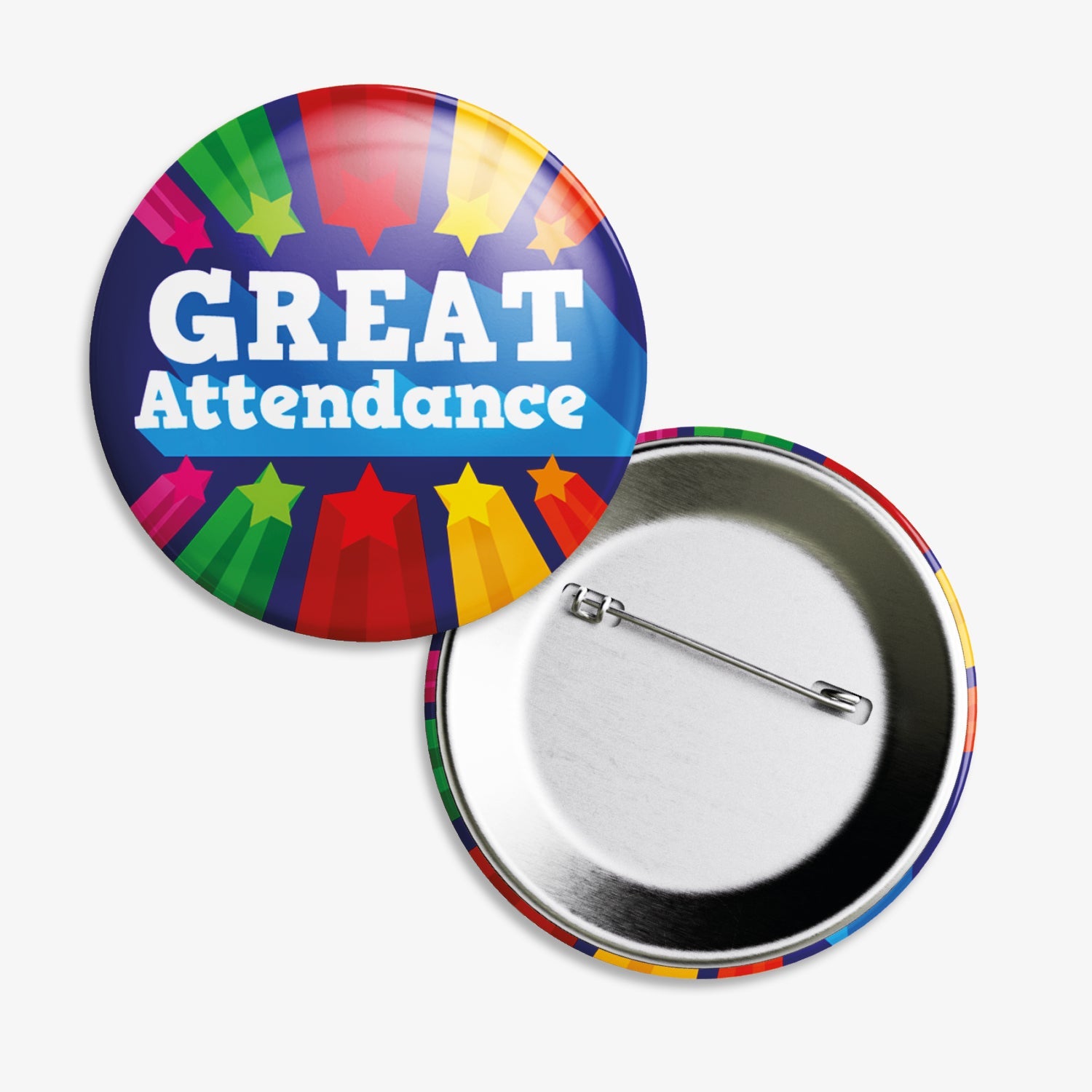 Set of ten 38mm round dark blue badges 'GREAT ATTENDANCE' central to the design and 5 shooting stars below.  The image shows the reverse of the badge to be equipped with a pin fastening.