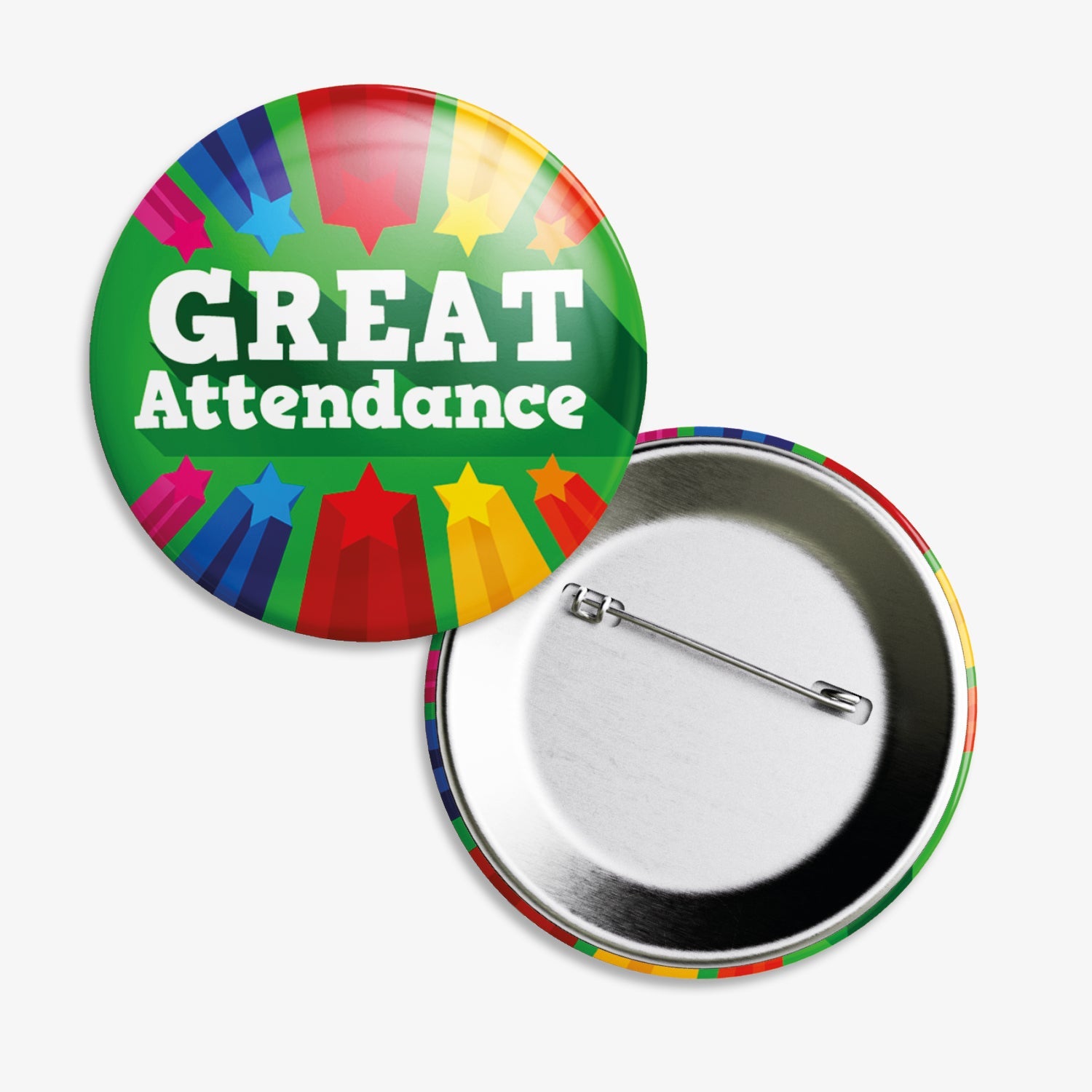 Set of ten 38mm round green badges 'GREAT ATTENDANCE' central to the design and 5 shooting stars below.  The image shows the reverse of the badge to be equipped with a pin fastening.