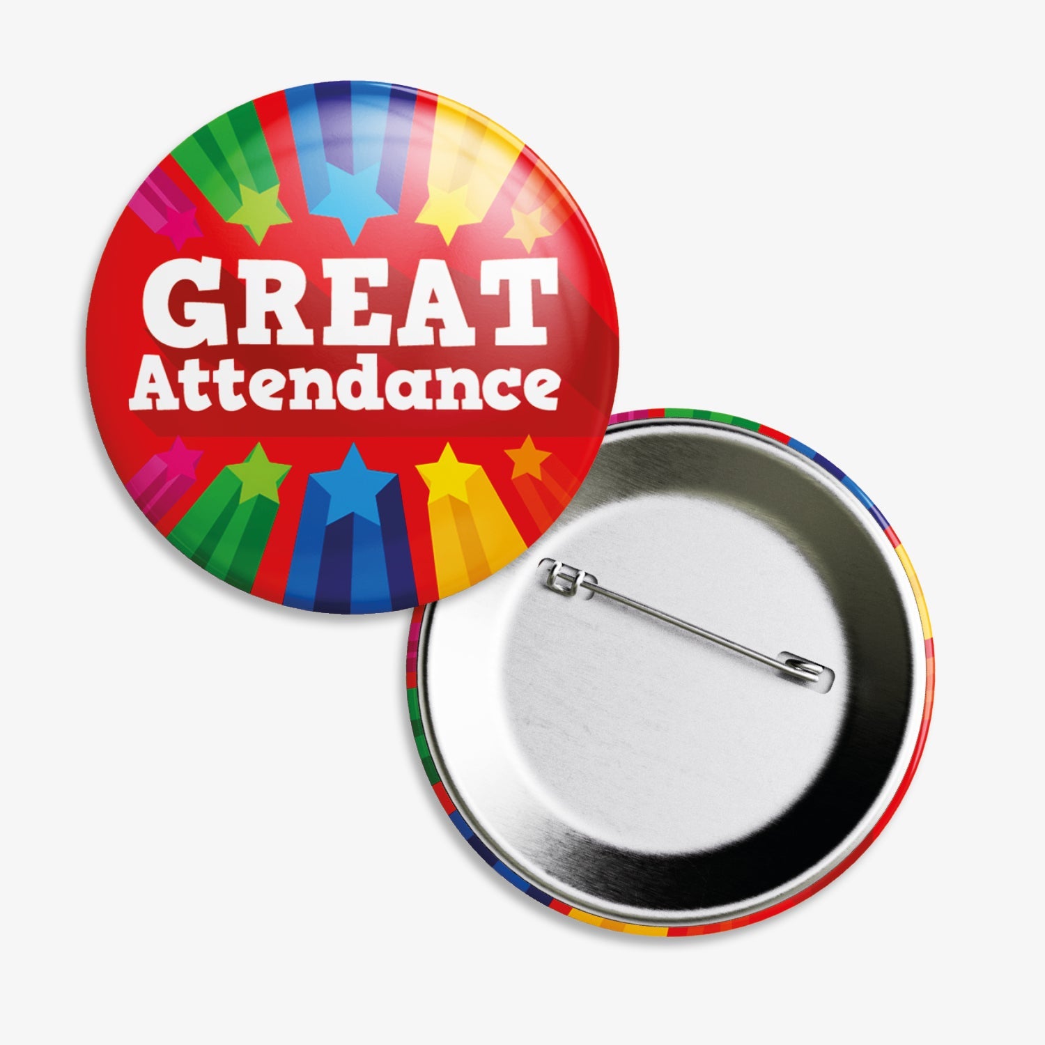 Set of ten 38mm round red badges 'GREAT ATTENDANCE' central to the design and 5 shooting stars below.  The image shows the reverse of the badge to be equipped with a pin fastening.