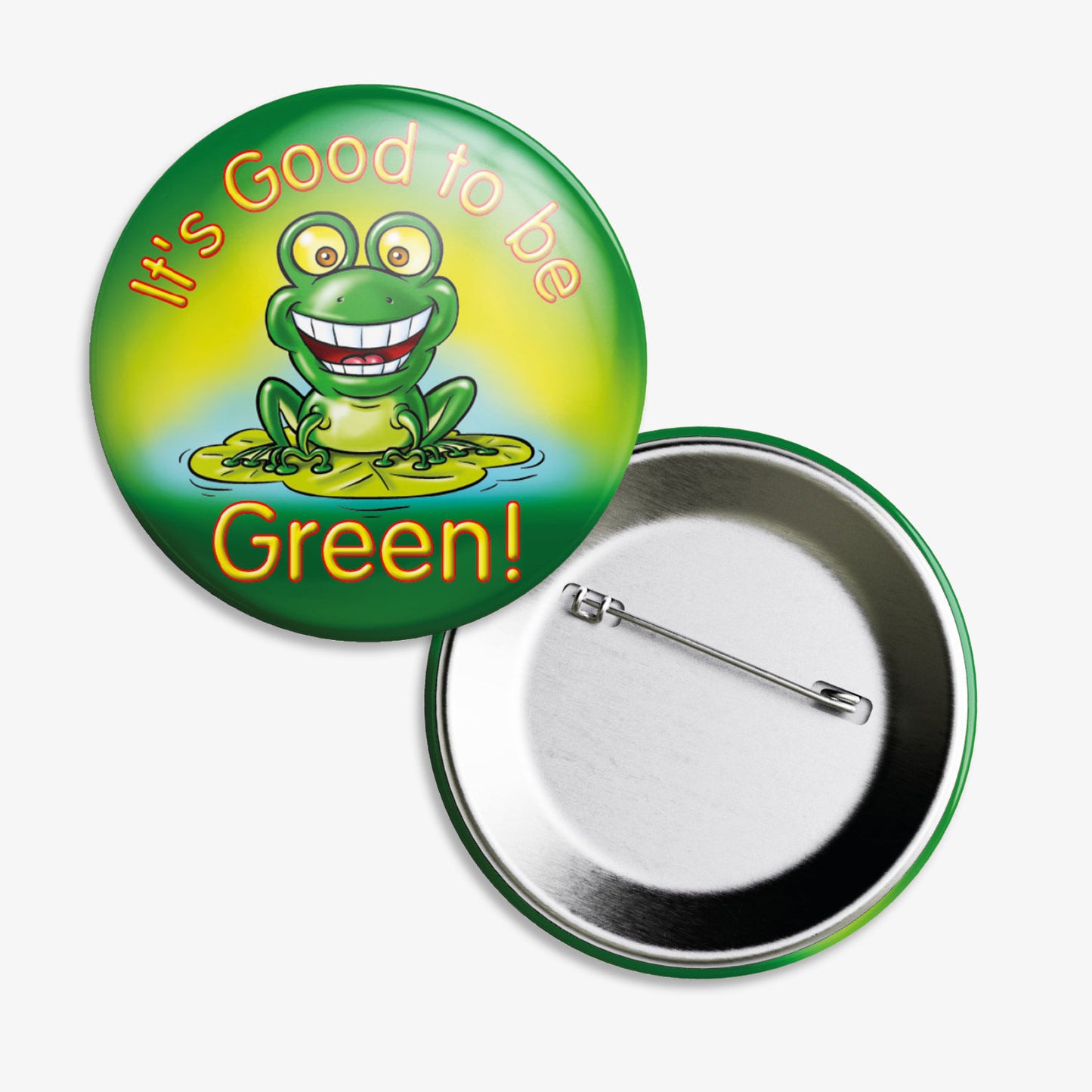 A set of ten 38mm round metal badges featuring a cheerful green frog illustration with wide eyes and a big smile, sitting on a lily pad, accompanied by the phrase 'It's Good to be Green!' in bold yellow text; designed to reward and motivate pupils for positive behaviour, aligning with the 'Good to be Green' classroom management scheme.