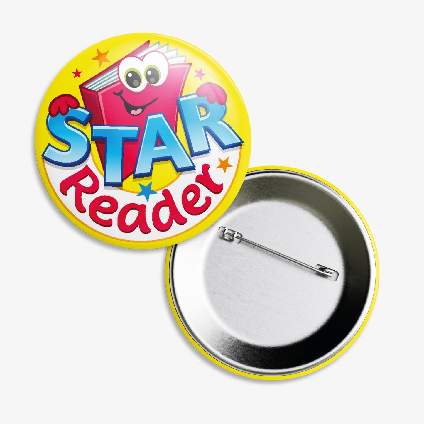 A set of ten 38mm round metal badges; featuring a smiling cartoon book character with large eyes, set against a yellow background, displaying the phrase 'Star Reader' in bold cyan and white text; designed to reward and motivate pupils for their reading achievements