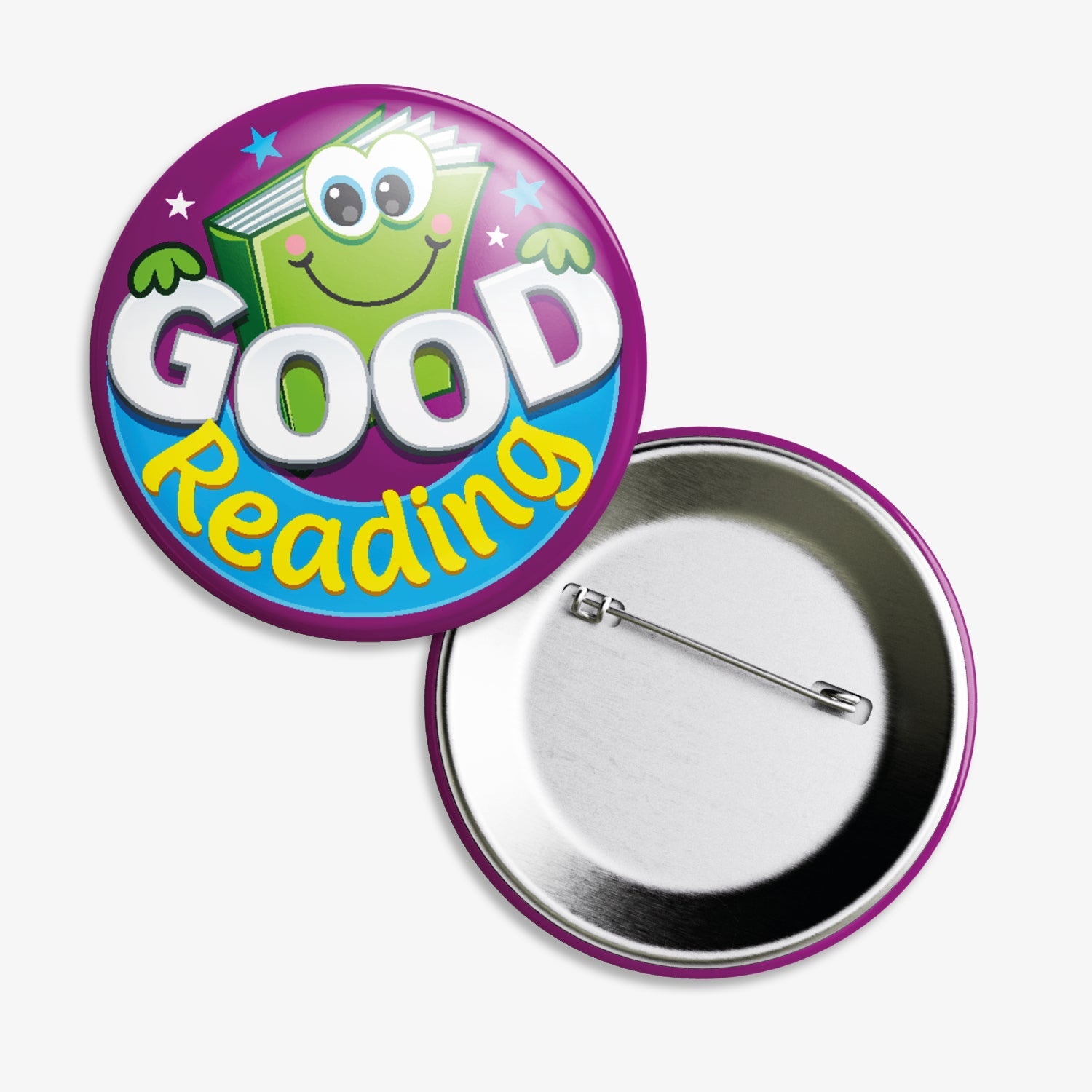 A set of ten 38mm round metal badges featuring a smiling cartoon book character with large eyes, set against a purple and blue background, displaying the phrase 'Great Reading' in bold yellow and white text; designed to reward and motivate pupils for their reading achievements