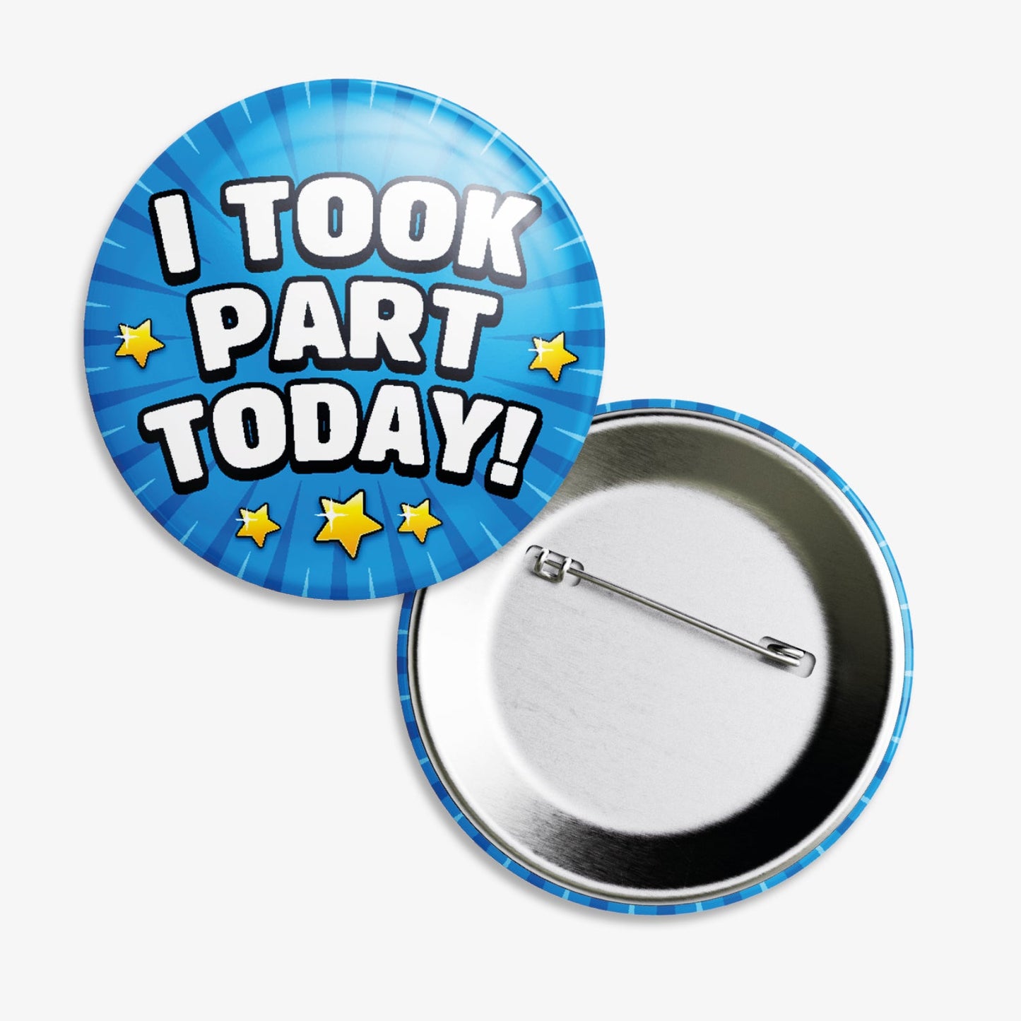 A set of ten 38mm round metal badges featuring a vibrant blue starburst background displaying the bold text 'I TOOK PART TODAY' in bold white lettering and 5 yellow stars around.