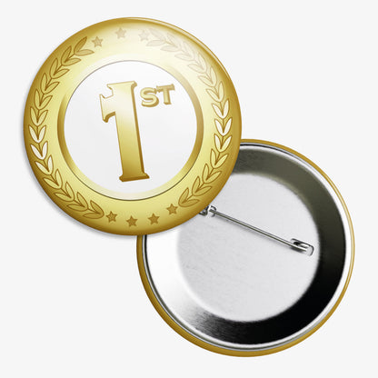 Set of 10, 50mm badges.  Gold outer ring with embossed effect laurel wreath design .  The centre of the badge is a white circle with '1ST' bold and central.  The reverse of the badge shows a pin fastening.