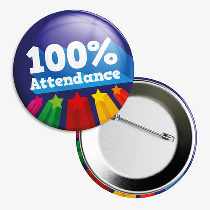 Set of ten 50mm round dark blue badges '100% ATTENDANCE' central to the design and 5 shooting stars below.  The image shows the reverse of the badge to be equipped with a pin fastening.
