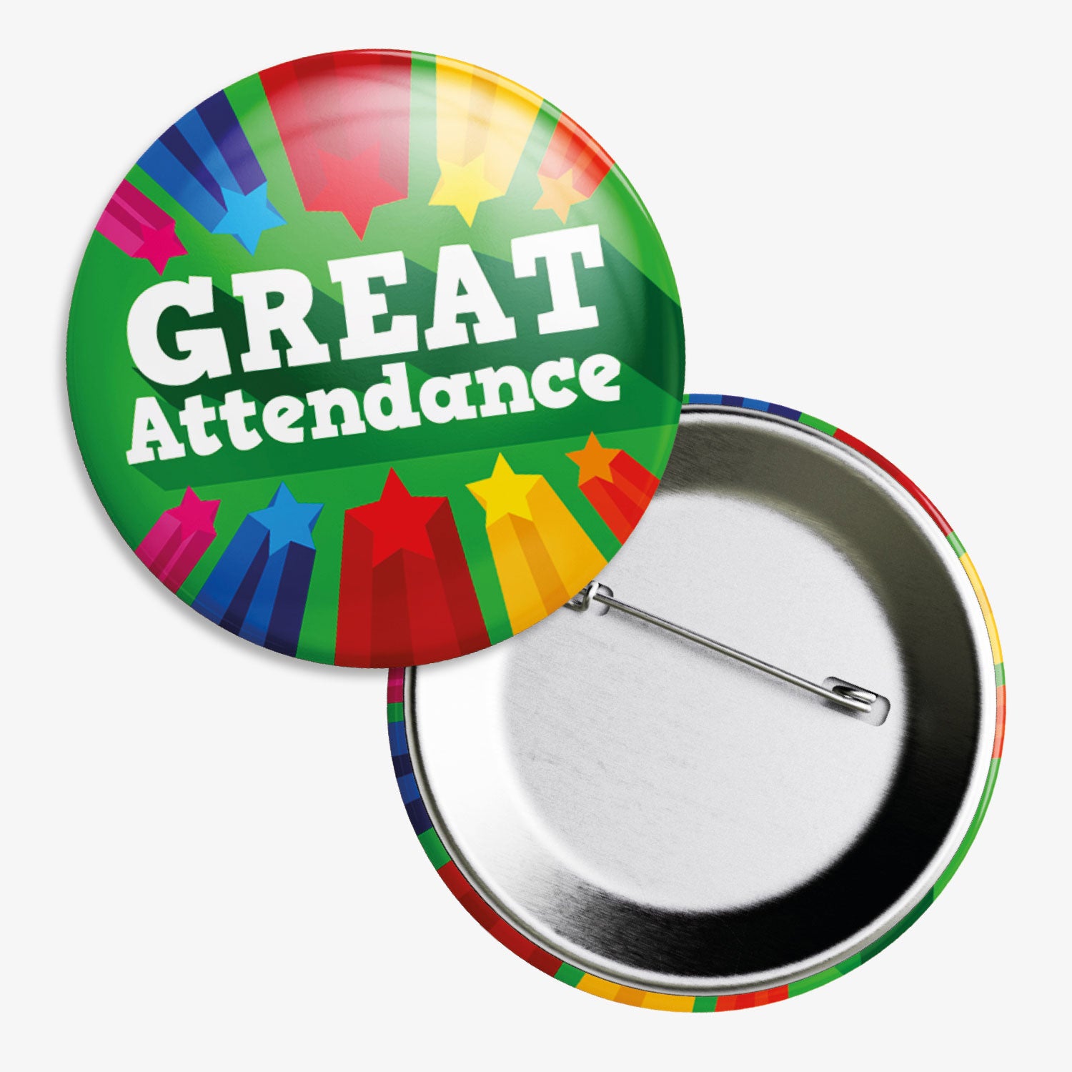 Set of ten 50mm round green badges 'GREAT ATTENDANCE' central to the design and 5 shooting stars below.  The image shows the reverse of the badge to be equipped with a pin fastening.