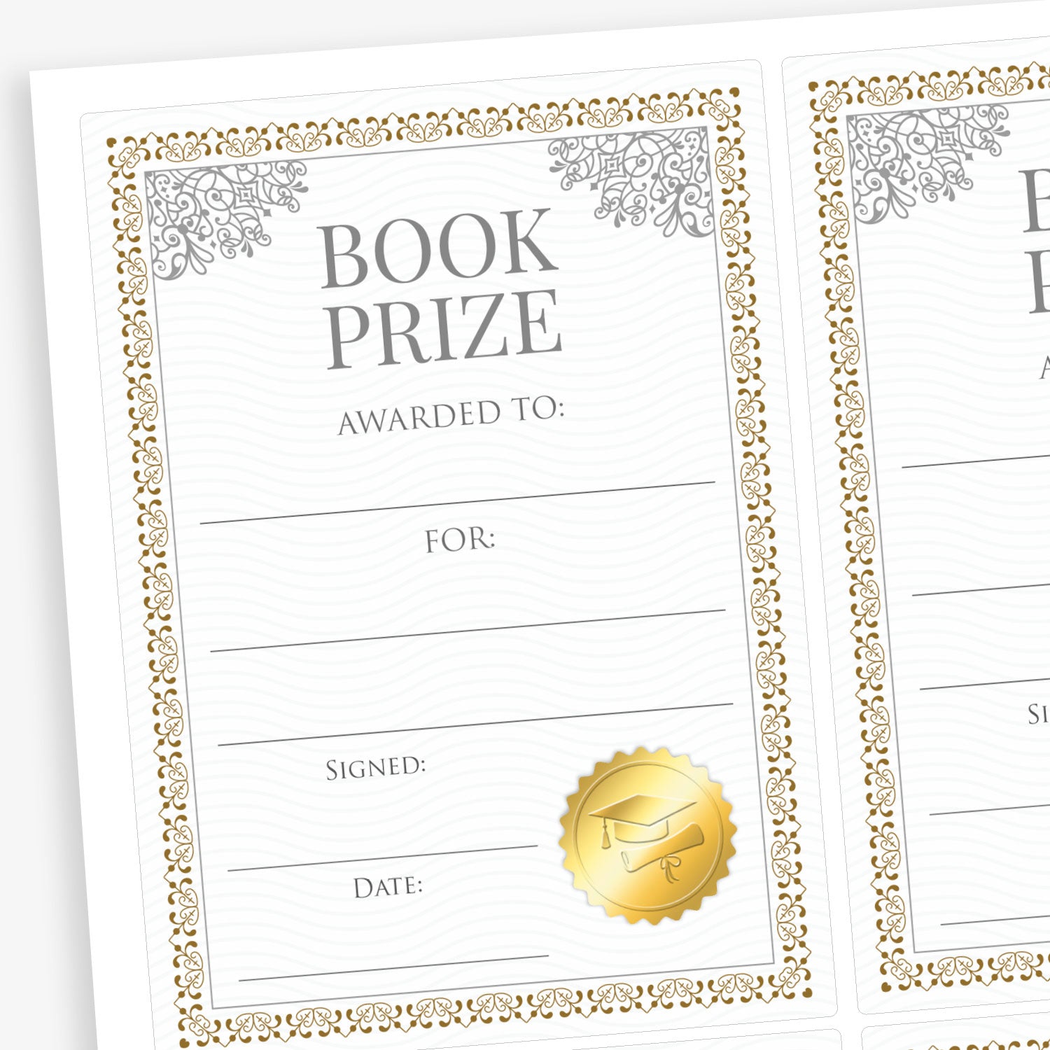 Elegant 'Book Prize' certificate with ornate gold and silver border and decorative corner designs. Includes blank spaces labelled 'Awarded to', 'For', 'Signed', and 'Date'. A gold seal with a graduation cap icon is positioned in the lower right corner. Multiple certificates are shown on a single sheet.
