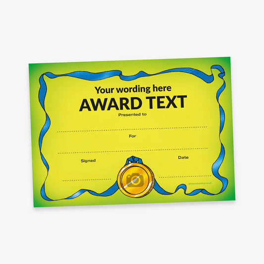 A formal award certificate with a yellow to green gradient background and placeholder title reading 'Your wording here' and 'AWARD TEXT'.  There are blank fields for 'Presented to:', 'For:', 'Signed:', and 'Date:'. A gold medal illustration at the bottom centre has a space to upload an image or logo, with a blue ribbon coming from the medal and creating a border for the certificate.
