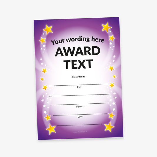 Customisable purple award certificate with a glowing centre, surrounded by yellow and white stars. Placeholder text reads 'Your wording here' and 'AWARD TEXT', with lines for recipient name, reason, signature, and date.