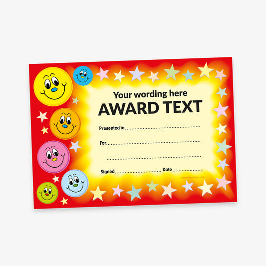 Customisable red award certificate with a glowing centre, surrounded by yellow and white stars and 6 colourful smiling faces of varying sizes down the left hand side. Placeholder text reads 'Your wording here' and 'AWARD TEXT', with lines for recipient name, reason, signature, and date.