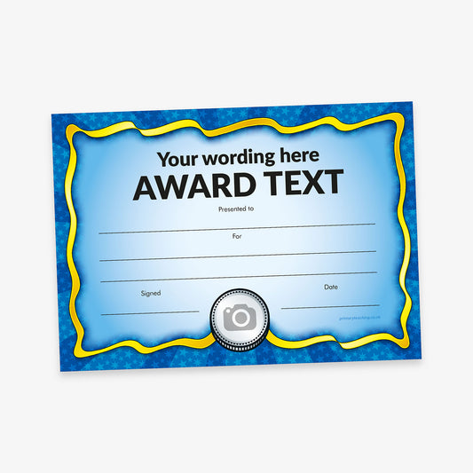 A vibrant blue award certificate with a wavy yellow border and star-patterned background. The centre features placeholder text 'Your wording here' and 'AWARD TEXT' in bold black font, with lines below for 'Presented to:', 'For:', 'Signed:', and 'Date:'. A silver badge with a camera icon is displayed at the bottom centre, indicating an area for a custom image.