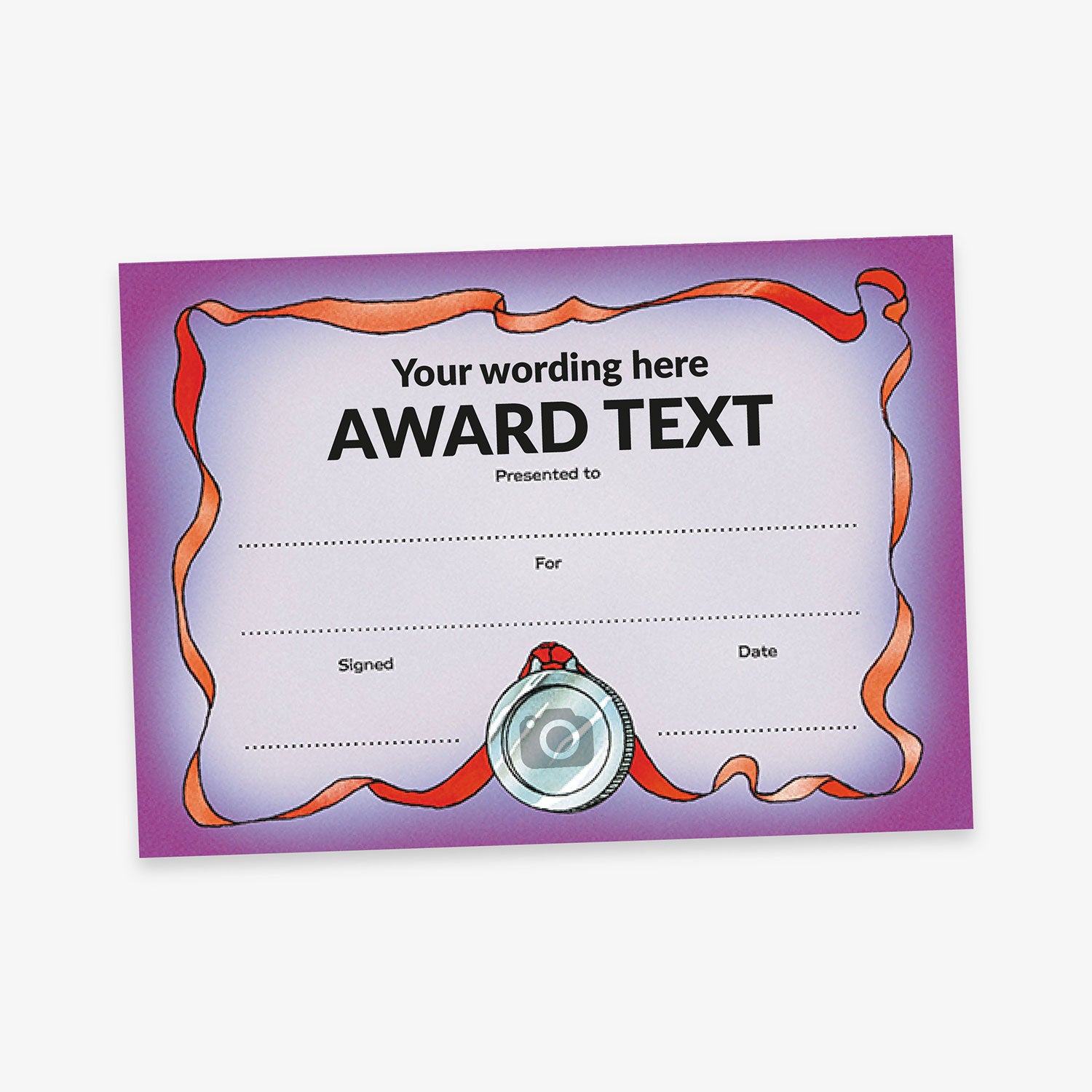 A formal award certificate with a purple gradient background and placeholder title reading 'Your wording here' and 'AWARD TEXT'.  There are blank fields for 'Presented to:', 'For:', 'Signed:', and 'Date:'. A gold medal illustration at the bottom centre has a space to upload an image or logo, with a red ribbon coming from the medal and creating a border for the certificate.