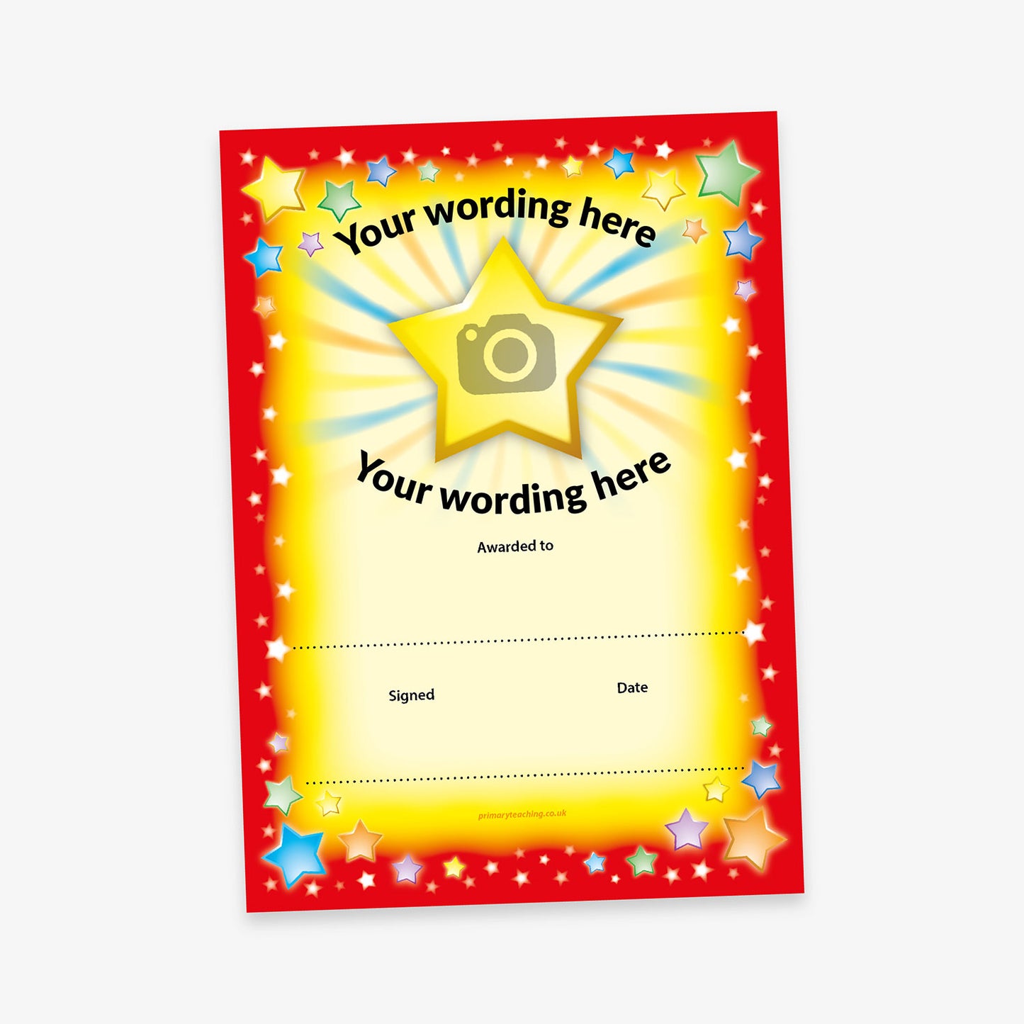 Customisable red award certificate with a glowing centre, surrounded by yellow and white stars. Placeholder text surrounding a central gold star, with space for image upload, reads 'Your wording here' and 'Your wording here', with lines for recipient name, signature, and date.