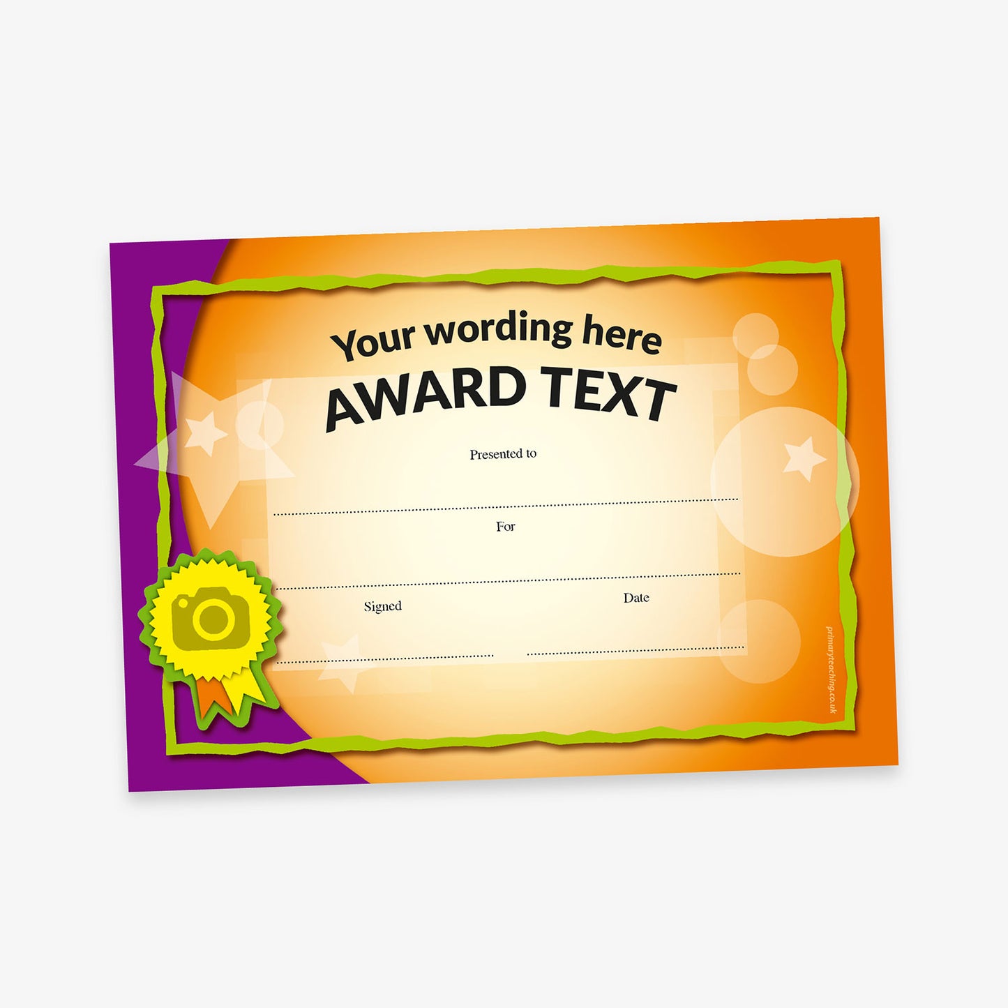 A bright and playful award certificate with an orange and purple gradient background. The central cream section contains placeholder text 'Your wording here' and 'AWARD TEXT' in bold, with lines below for 'Presented to:', 'For:', 'Signed:', and 'Date:'. A green and yellow ribbon badge with a camera icon is shown on the bottom left, indicating space for a custom image. Decorative stars and bubbles accent the background.