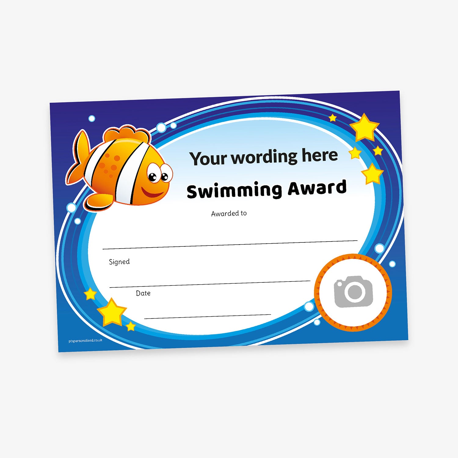Swimming award certificate with a cartoon clownfish, swirling blue border with stars, and placeholders for custom wording, recipient, signature, and date.