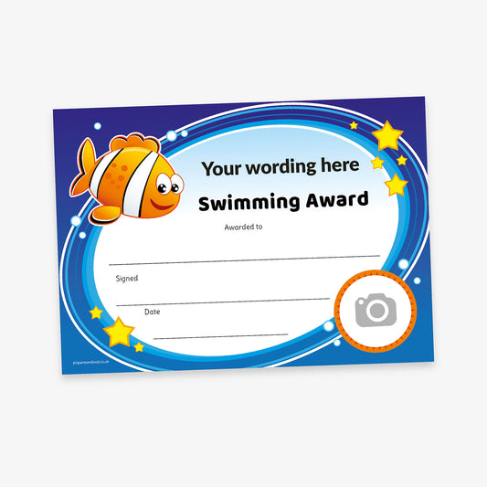 Swimming award certificate with a cartoon clownfish, swirling blue border with stars, and placeholders for custom wording, recipient, signature, and date.
