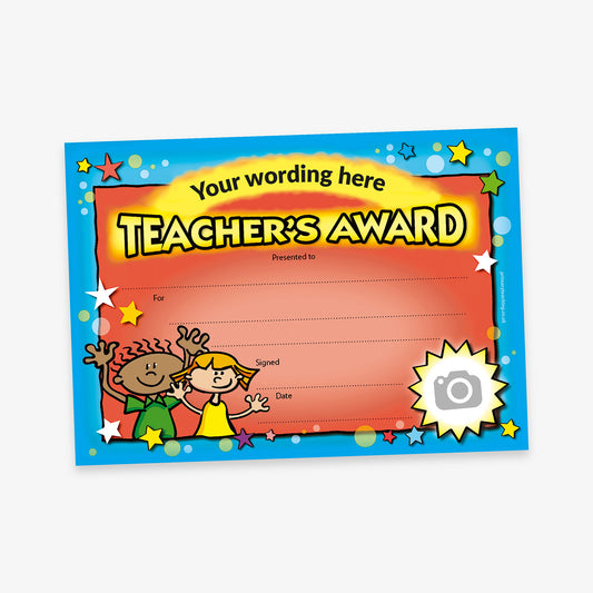 Colourful Teacher's Award certificate featuring cartoon children, stars, and customisable text fields for recipient details and signature.