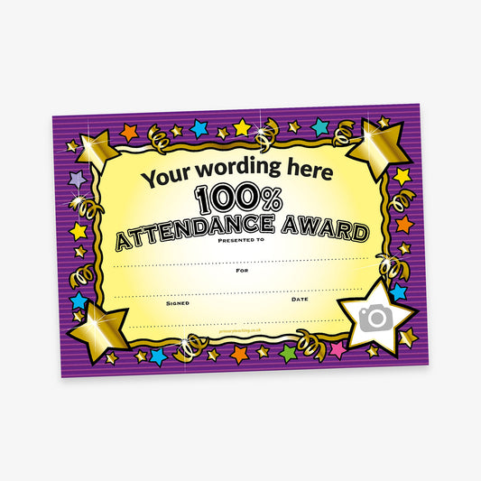 100% Attendance Award certificate with a purple striped background. The central area is a cream-coloured scroll with bold black text reading '100% Attendance Award' and placeholder text above that says 'Your wording here'. Colourful stars, gold streamers, and large golden stars decorate the border. Below the main text are blank lines labelled 'Presented to', 'For', 'Signed', and 'Date', with a camera icon in a gold star at the bottom right corner.