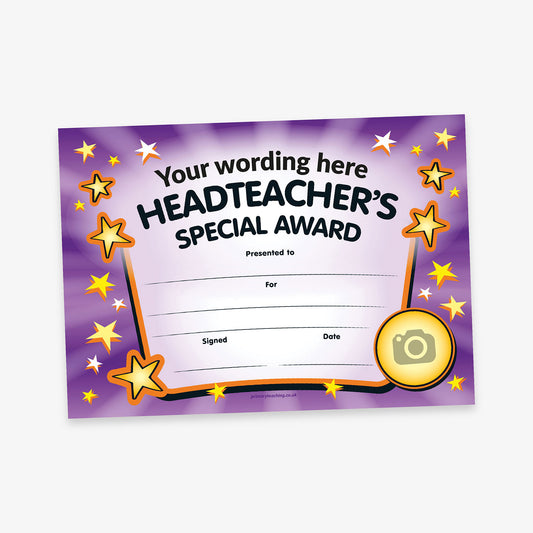 A colourful 'Headteacher’s Special Award' certificate with a purple background featuring radiating light beams and a variety of golden stars around the edges. The title at the top reads 'Your wording here' followed by 'HEADTEACHER’S SPECIAL AWARD' in bold black text. Below are blank lines for 'Presented to', 'For', 'Signed', and 'Date'. A gold medal-style icon with a camera symbol is located in the bottom right corner, indicating a space for a photo.