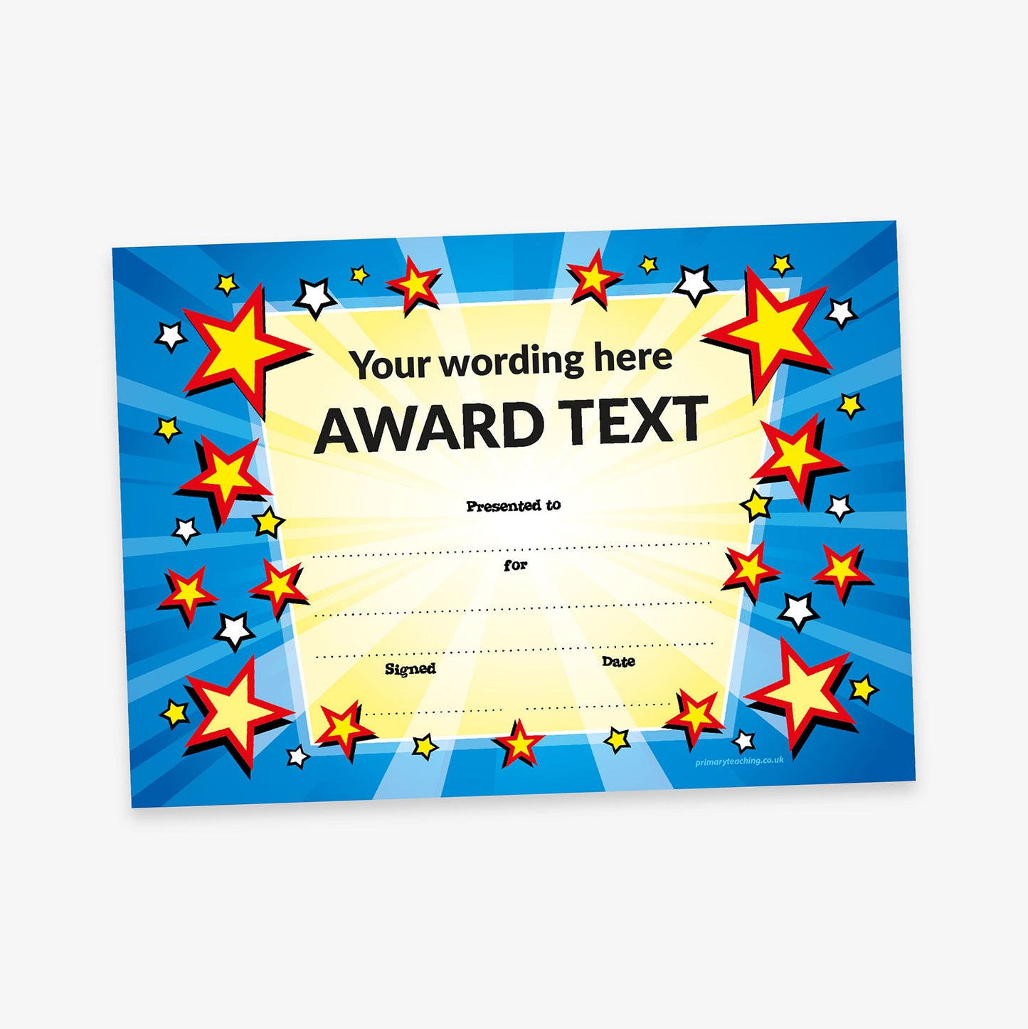 Bright and colourful certificate template with a yellow starburst background and red and yellow stars surrounding a central space for custom award text
