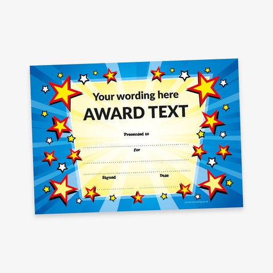 Bright and colourful certificate template with a yellow starburst background and red and yellow stars surrounding a central space for custom award text