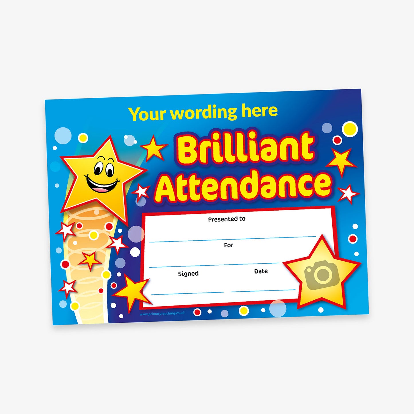 Colourful 'Brilliant Attendance' certificate with a smiling star character, red and yellow star decorations, and customisable fields for recipient name, reason, date, and signature, set against a blue background with bubbles and sparkles.