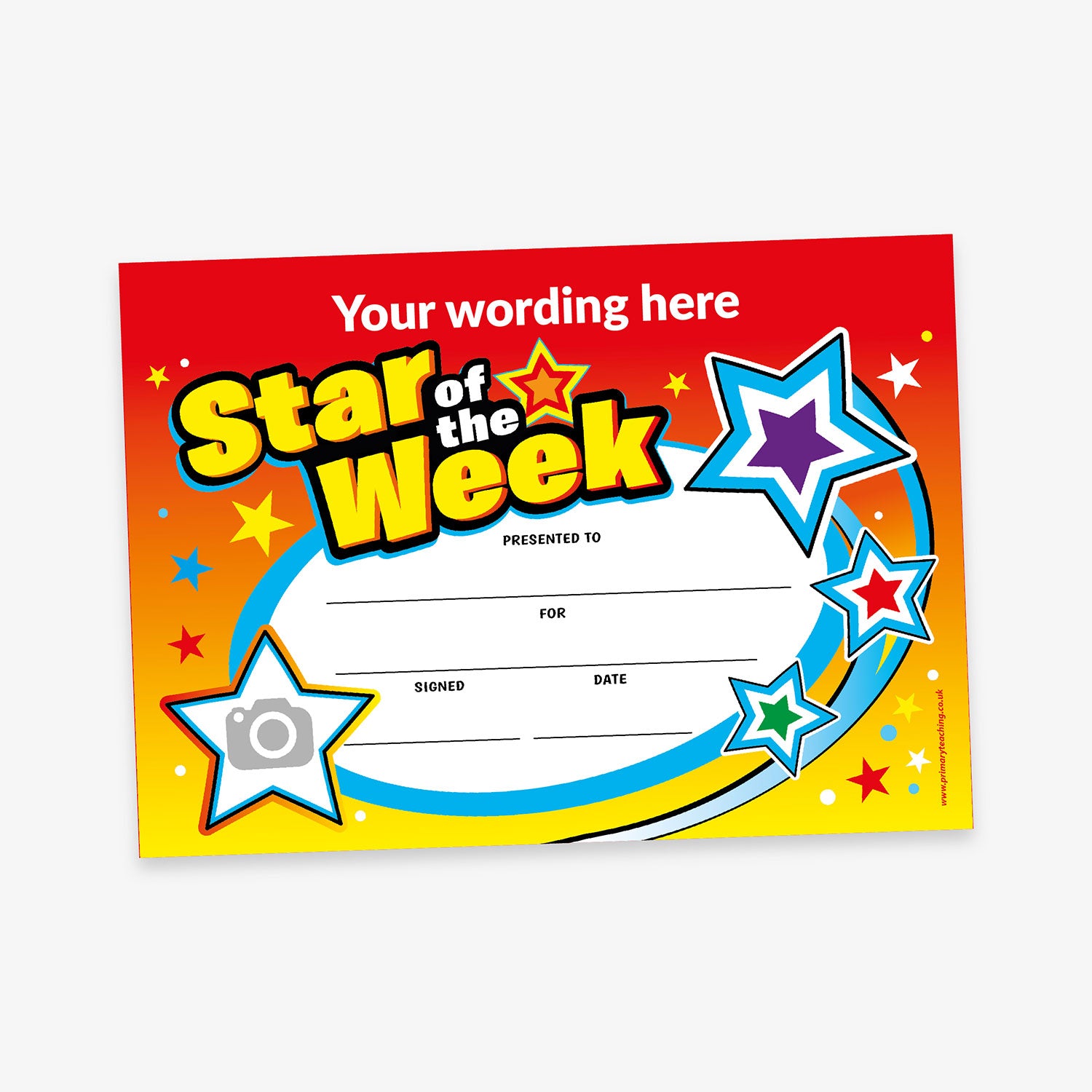 A bold and colourful 'Star of the Week' certificate with a red-to-yellow gradient background and vibrant stars in various sizes and colours. The top reads 'Your wording here'. Below, large yellow and black text says 'Star of the Week'. There are blank lines labelled 'Presented to', 'For', 'Signed', and 'Date', all within a dynamic blue swoosh design.