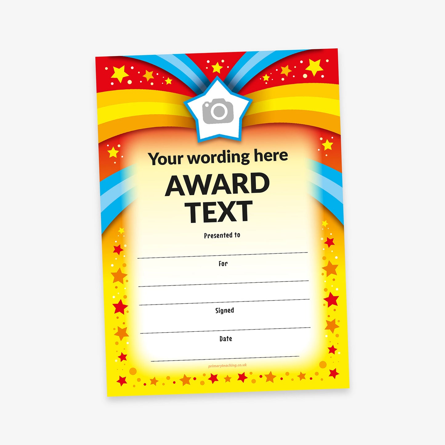 Bright and colourful award certificate with a red, yellow, and blue starburst design. A white star with a placeholder camera icon is at the top. Bold placeholder text reads 'Your wording here' and 'AWARD TEXT', with lines below for recipient name, reason, signature, and date.