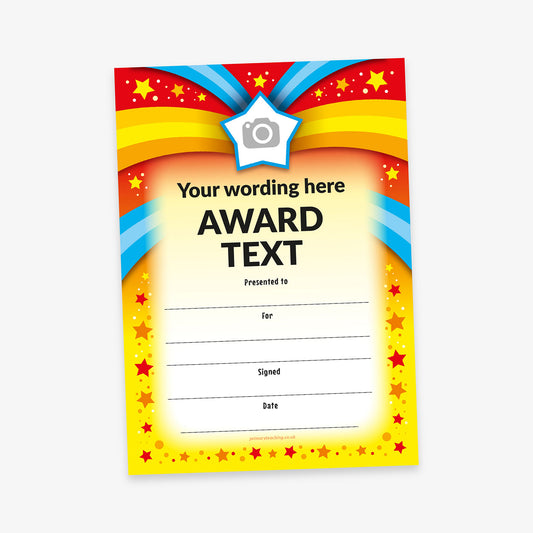 Bright and colourful award certificate with a red, yellow, and blue starburst design. A white star with a placeholder camera icon is at the top. Bold placeholder text reads 'Your wording here' and 'AWARD TEXT', with lines below for recipient name, reason, signature, and date.