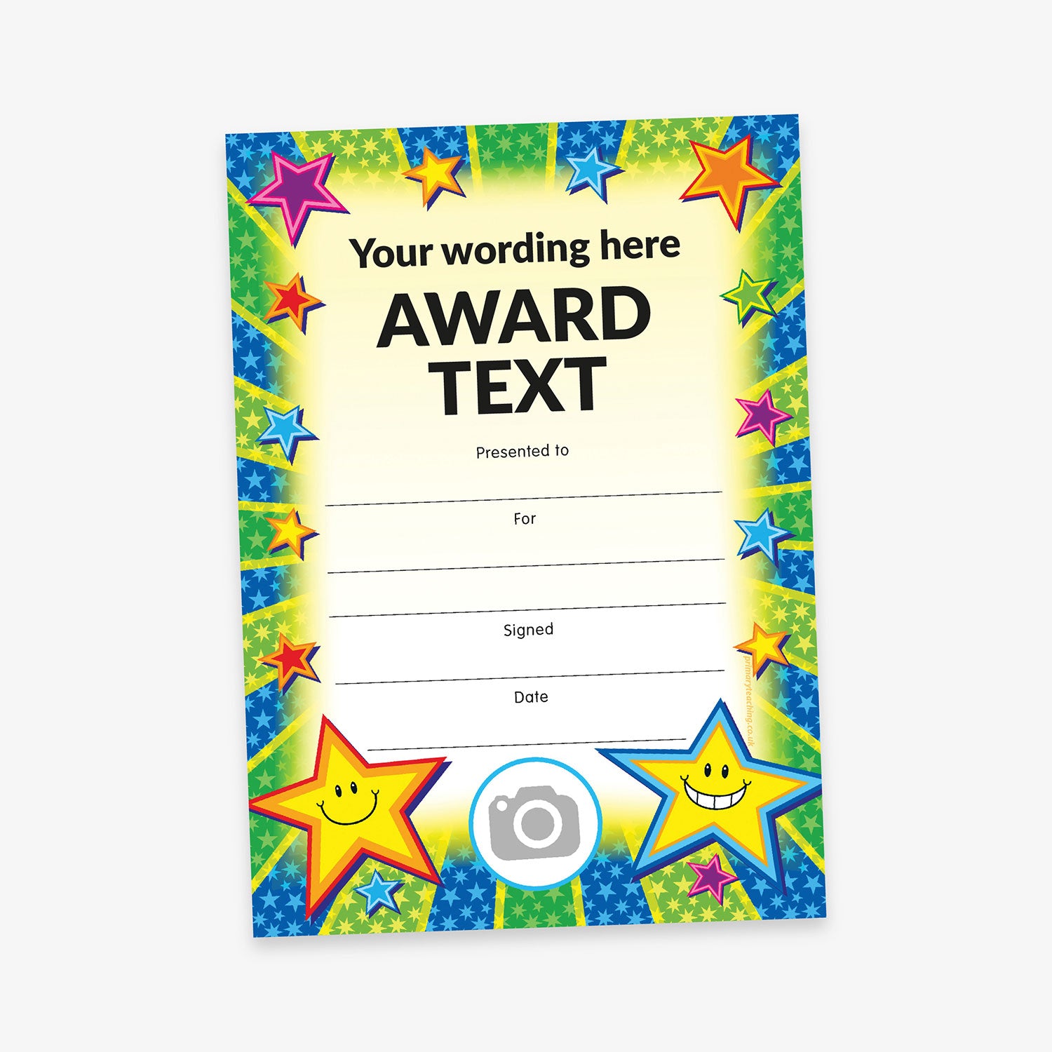 A colourful award certificate with a vibrant green, blue, and yellow starburst border. The centre features placeholder text 'Your wording here' and 'AWARD TEXT' in bold black letters. Below are lines labelled 'Presented to:', 'For:', 'Signed:', and 'Date:'. Two large cartoon stars with smiling faces appear at the bottom corners, with a camera icon in the centre, suggesting a customisable image area.