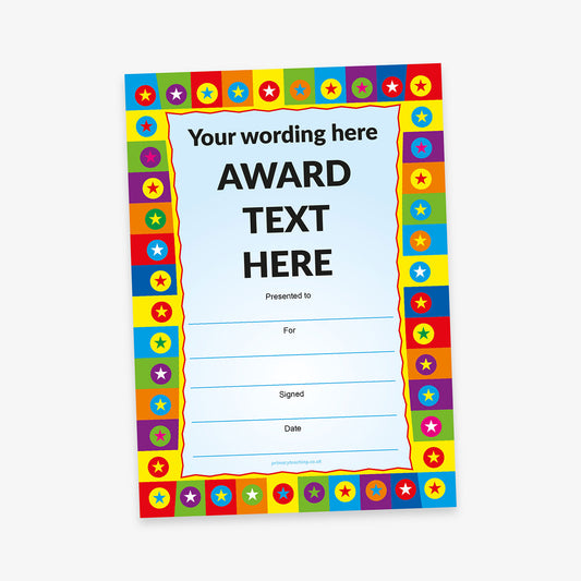 Portrait certificate with a colourful border of star icons on a red, blue, green, and yellow background, featuring a light blue centre with placeholder text for custom award title, recipient name, reason, date, and signature.