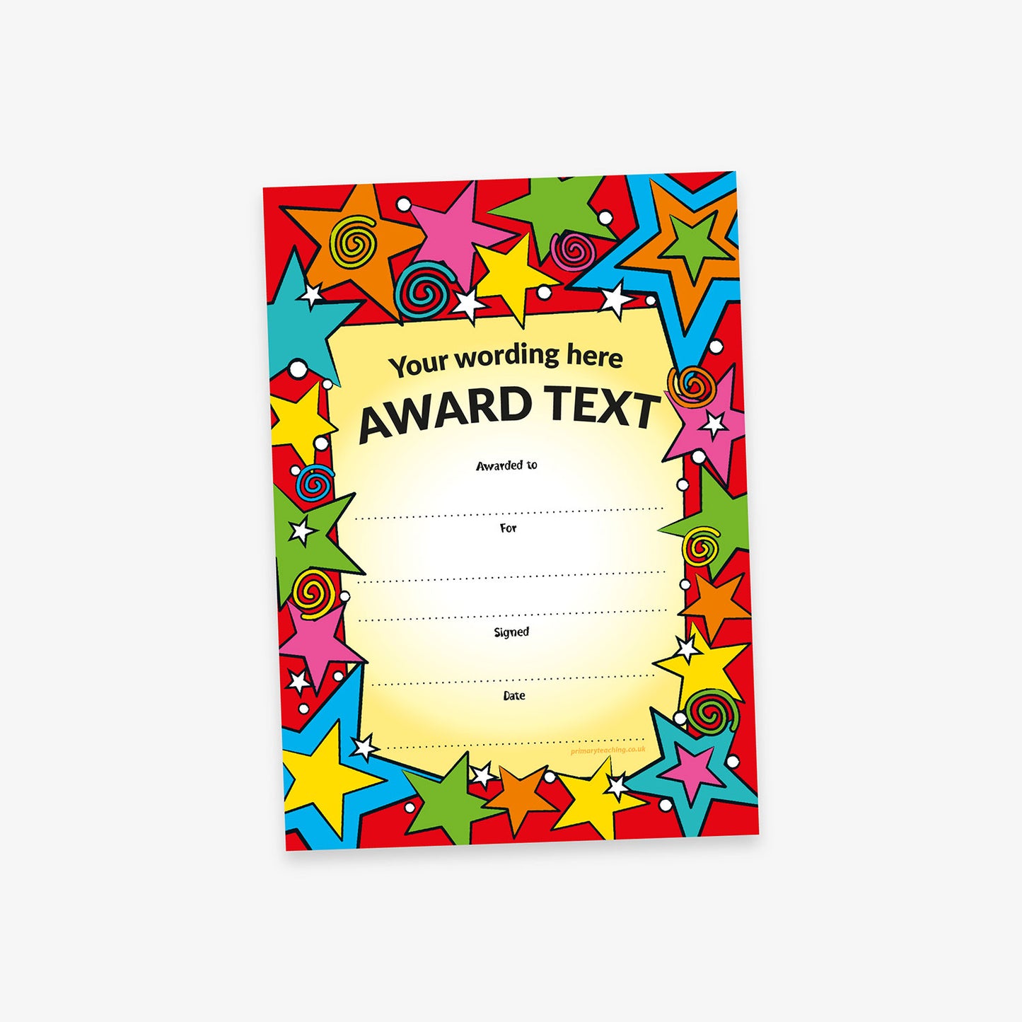 A customised award certificate with a colourful border featuring stars and swirls, and space for personal text.