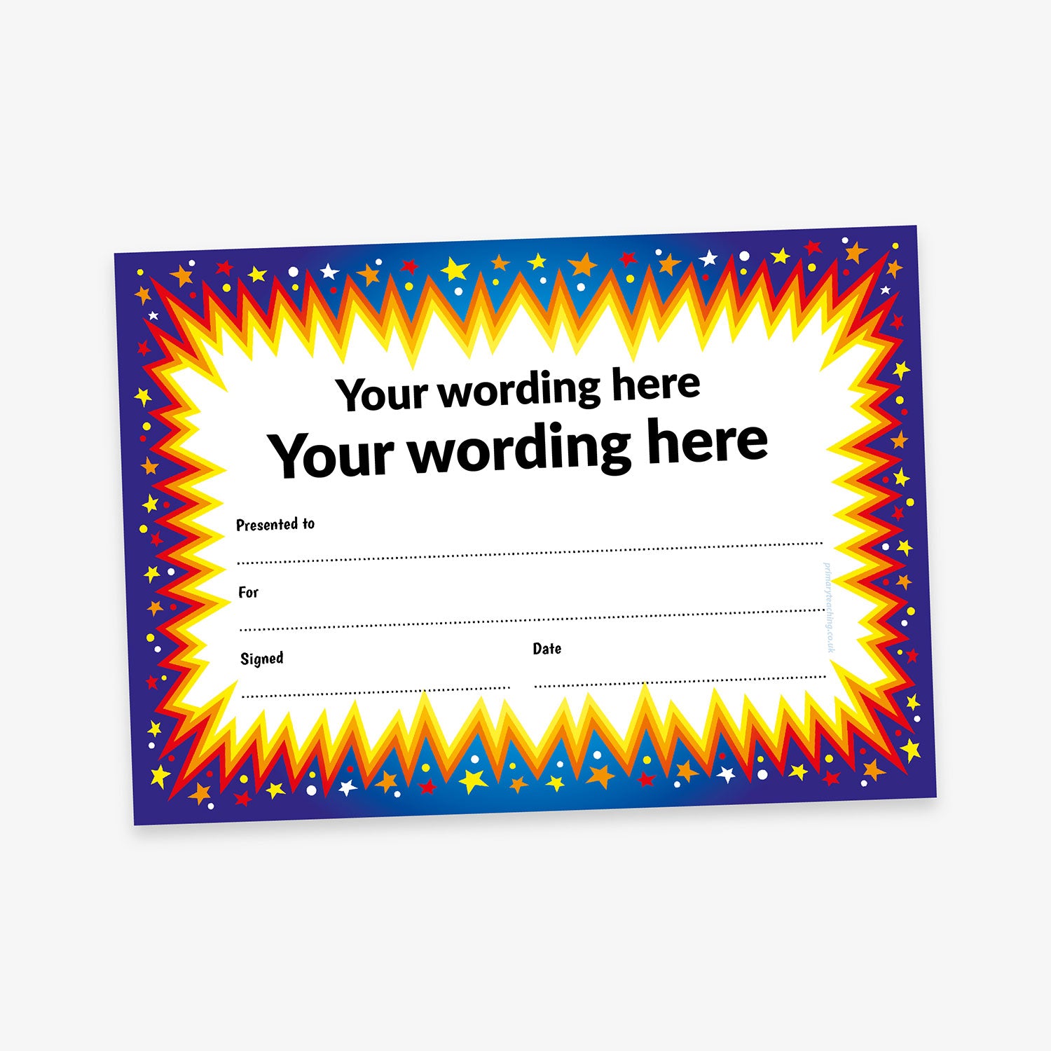Customisable award certificate with a bold comic-style explosion border in red, yellow, and blue, featuring a white centre area for personalised text and award details.