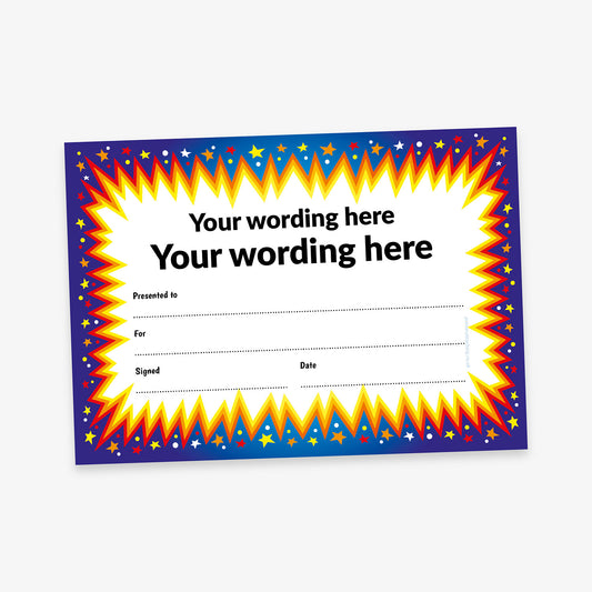 Customisable award certificate with a bold comic-style explosion border in red, yellow, and blue, featuring a white centre area for personalised text and award details.