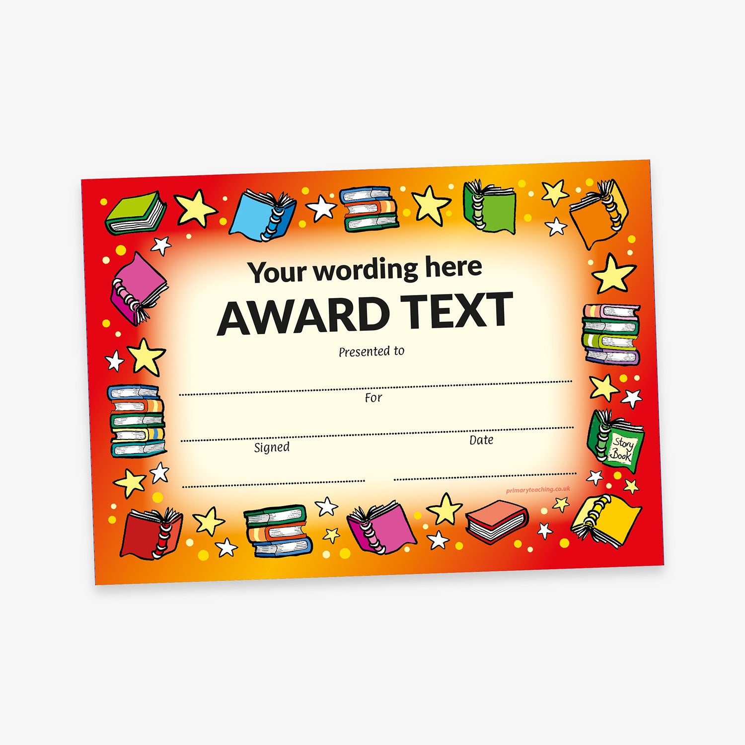 A5 personalised certificate featuring a vibrant red and orange gradient border adorned with colourful book illustrations and stars; central cream-coloured area displaying customisable text fields for title of award, along with lines for recipient's name, reason for the award, signature, and date.