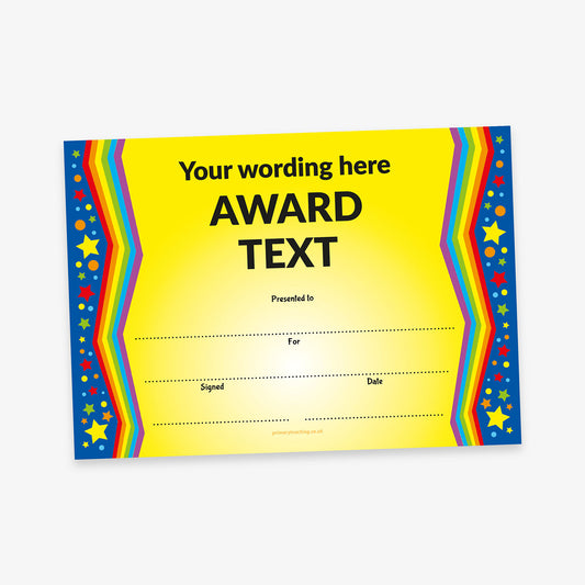 A bright and colourful award certificate with a yellow background and blue side borders decorated with stars, dots, and rainbow stripes. The top reads 'Your wording here' followed by bold black text saying 'AWARD TEXT'. Below are dotted lines labelled 'Presented to', 'For', 'Signed', and 'Date', allowing for personalisation."