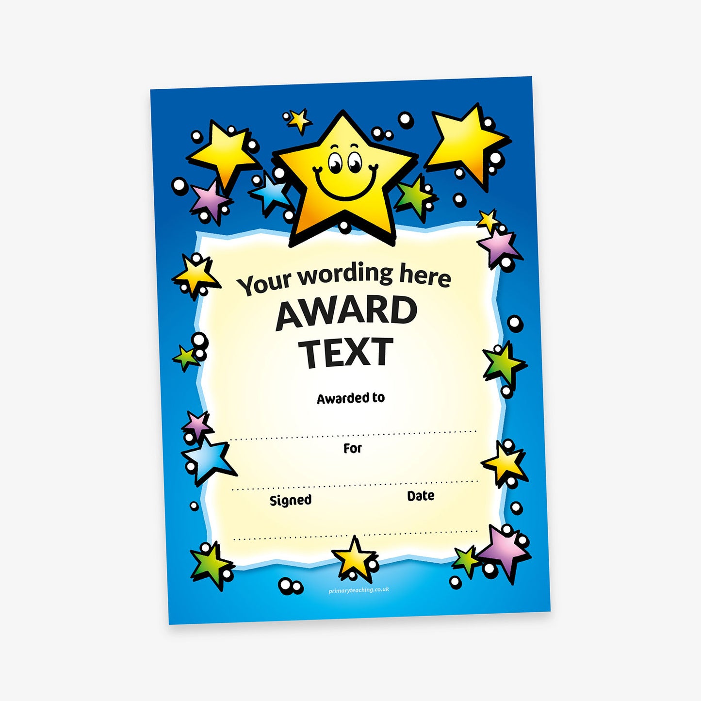 A vibrant award certificate with a blue background and a central cream-coloured panel bordered by colourful cartoon stars. A large smiling yellow star sits at the top, with smaller stars in yellow, pink, green, and blue surrounding the edges. Placeholder text reads 'Your wording here' and 'AWARD TEXT' in bold, with lines below for 'Awarded to:', 'For:', 'Signed:', and 'Date:'