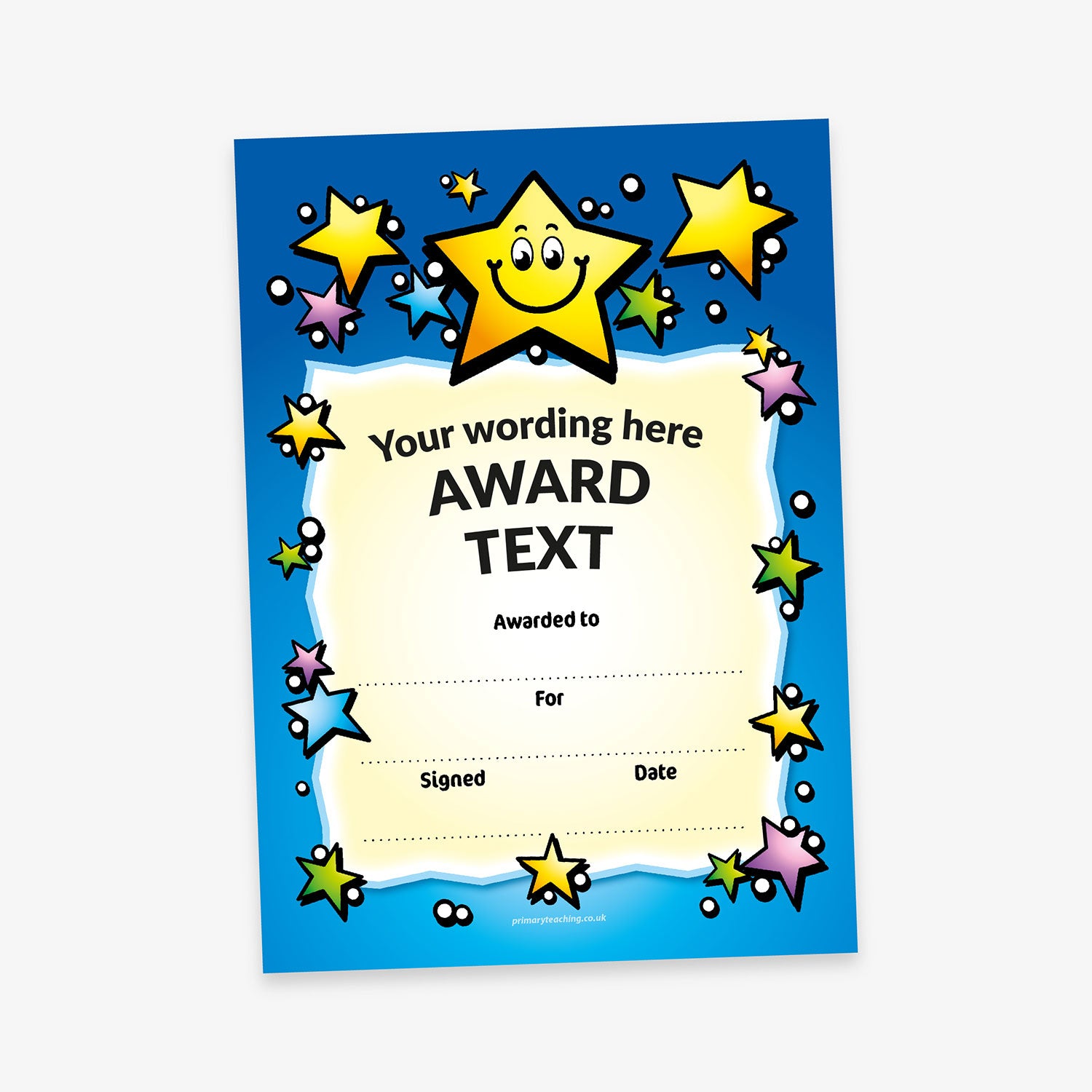 A vibrant award certificate with a blue background and a central cream-coloured panel bordered by colourful cartoon stars. A large smiling yellow star sits at the top, with smaller stars in yellow, pink, green, and blue surrounding the edges. Placeholder text reads 'Your wording here' and 'AWARD TEXT' in bold, with lines below for 'Awarded to:', 'For:', 'Signed:', and 'Date:'