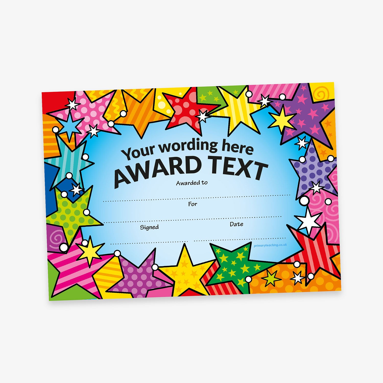 Brightly coloured award certificate with a blue centre area for custom text, surrounded by a vibrant border of multicoloured stars in various patterns and sizes.