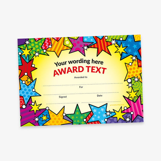 A vibrant and playful award certificate with a yellow centre and a colourful border filled with cartoon stars in various sizes and patterns. At the top, placeholder text reads 'Your wording here' and 'AWARD TEXT' in bold red. Below are lines labelled 'Awarded to:', 'For:', 'Signed:', and 'Date:'. The design is festive and suitable for celebrating achievements in a fun setting.