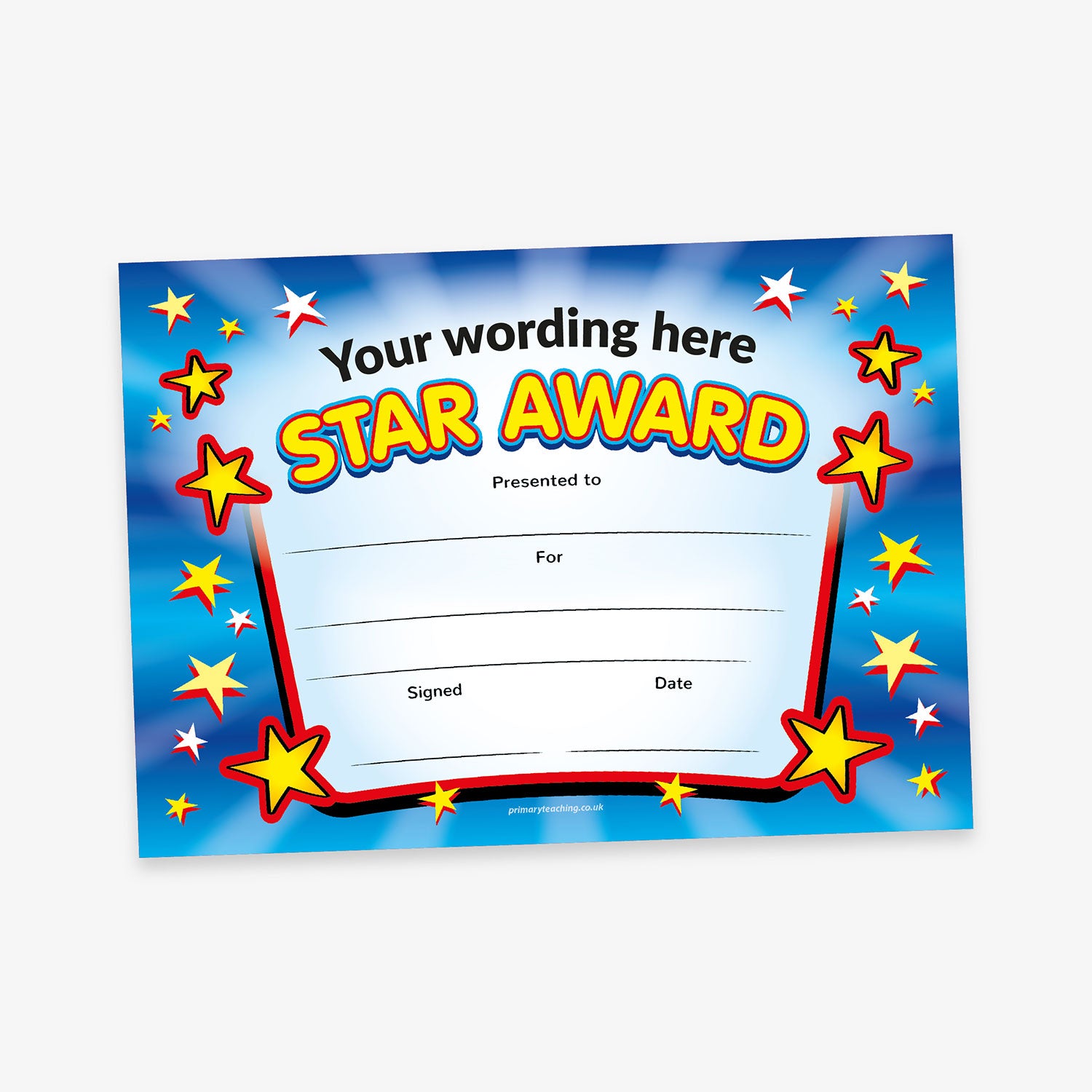 Brightly coloured certificate with a bold blue background and red border, titled 'Star Award' in large, yellow cartoon-style letters. Surrounded by cheerful yellow and red stars, it includes customisable text fields for the recipient's name, reason for the award, date, and signature.