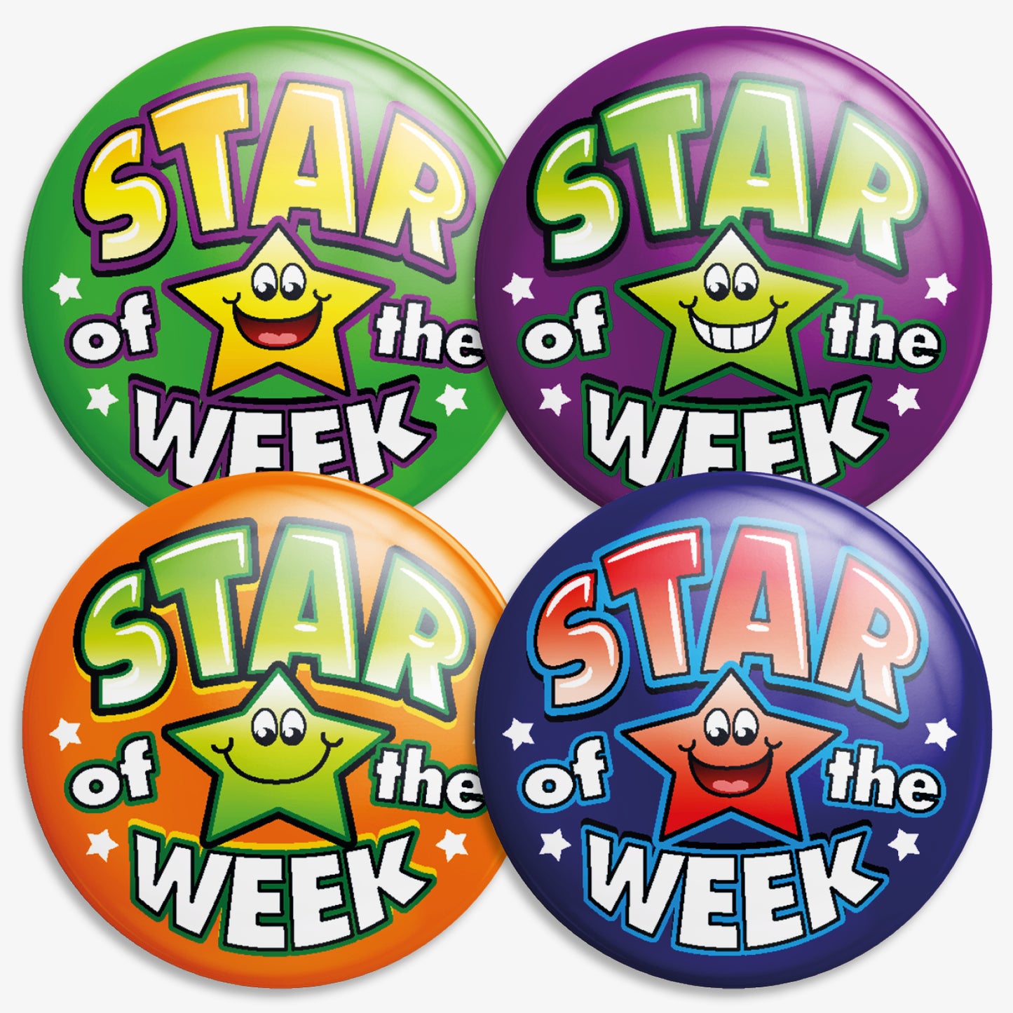 Four circular badges each reading 'Star of the Week' with a smiling cartoon star in the centre. The stars vary in colour: green, yellow and red. Each badge features a vibrant background of purple, green, orange or blue —highlighting weekly achievement or recognition.