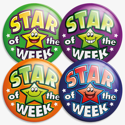 Four circular badges each reading 'Star of the Week' with a smiling cartoon star in the centre. The stars vary in colour: green, yellow and red. Each badge features a vibrant background of purple, green, orange or blue —highlighting weekly achievement or recognition.