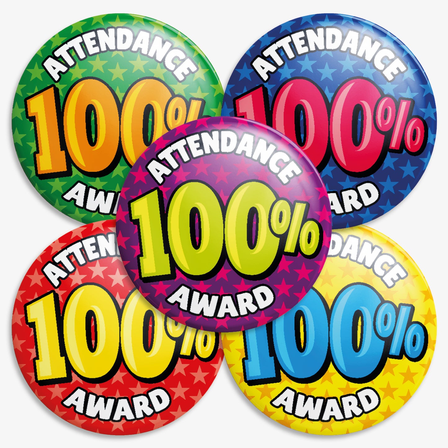 A selection of 38mm round metal badges featuring 100% Attendance Award on each badge, 5 colours shown - purple, red, blue, yellow and green.
