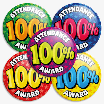 A selection of 38mm round metal badges featuring 100% Attendance Award on each badge, 5 colours shown - purple, red, blue, yellow and green.
