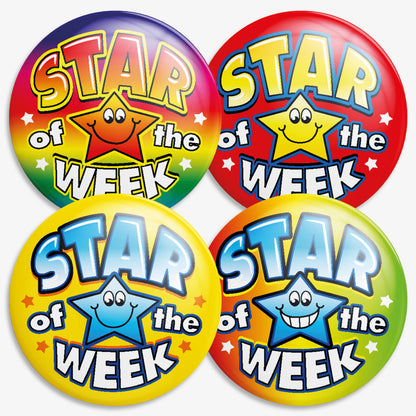 Four circular badges each reading 'Star of the Week' with a smiling cartoon star in the centre. The stars vary in colour: red, yellow, and two shades of blue. Each badge features a vibrant background gradient—purple to yellow, red, yellow, and green—highlighting weekly achievement or recognition.