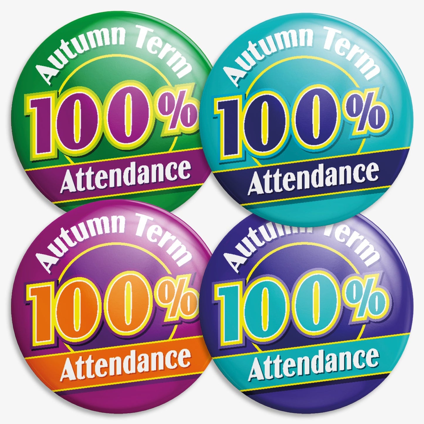 Four colourful circular badges each stating 'Autumn Term 100% Attendance' in bold text. The badges are in blue and cyan, cyan and blue, green and purple, and purple with orange. Designed to reward full attendance during the autumn school term.