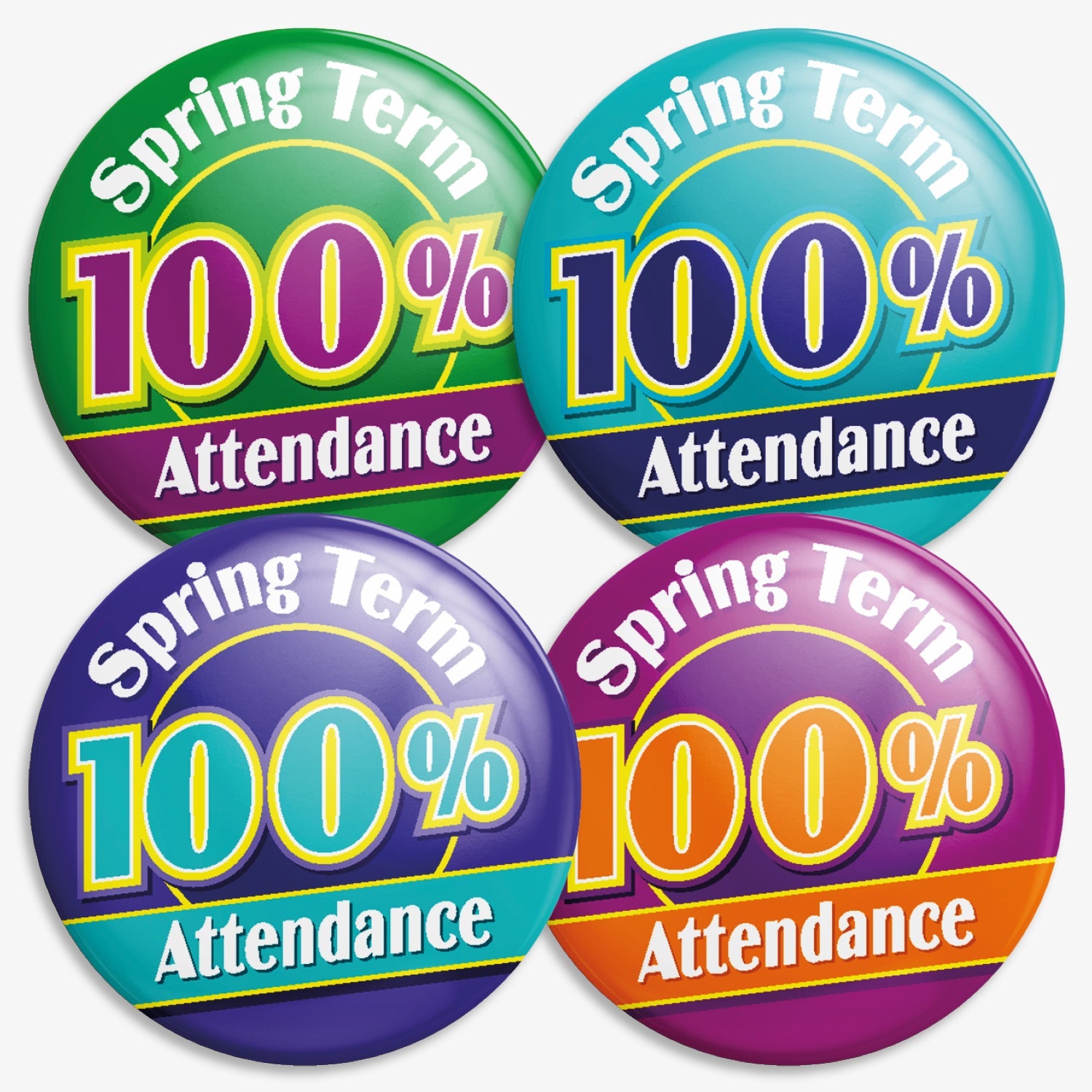 Four colourful circular badges each stating 'Spring Term 100% Attendance' in bold text. The badges are in blue and red, yellow and blue, red and blue, and orange with green. Designed to reward full attendance during the spring school term.